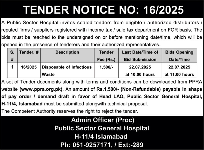 Public Sector General Hospital Islamabad Tender Notice